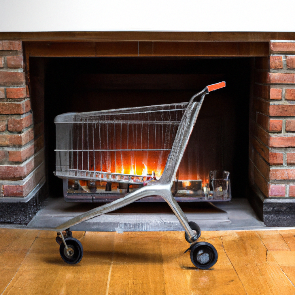 Minimal empty cart icon over cozy fireplace background